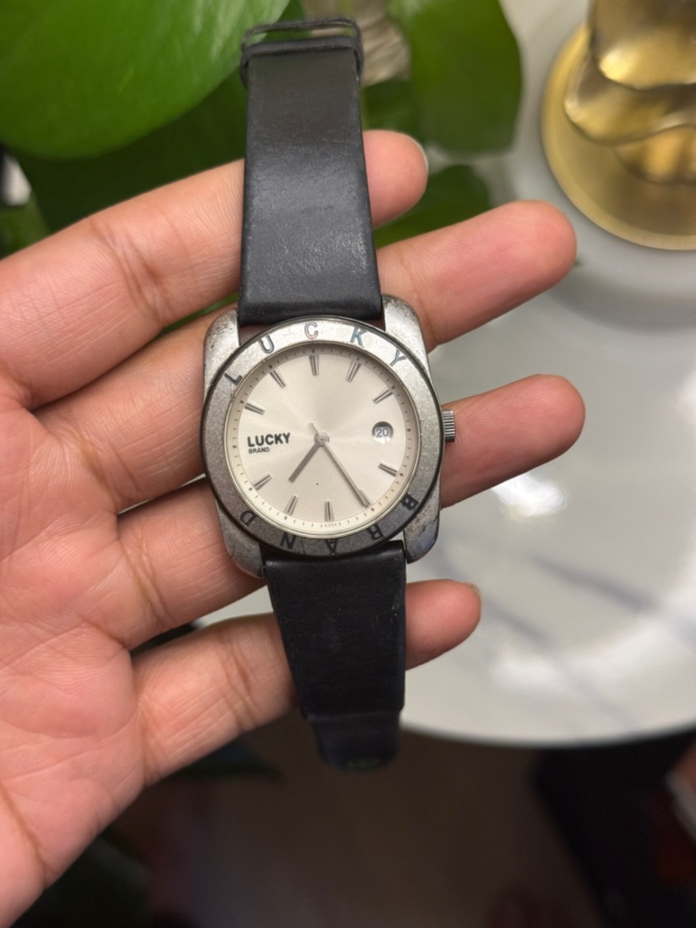 Lucky brand Men’s vintage Silver-Tone Watch with Black Leather Strap